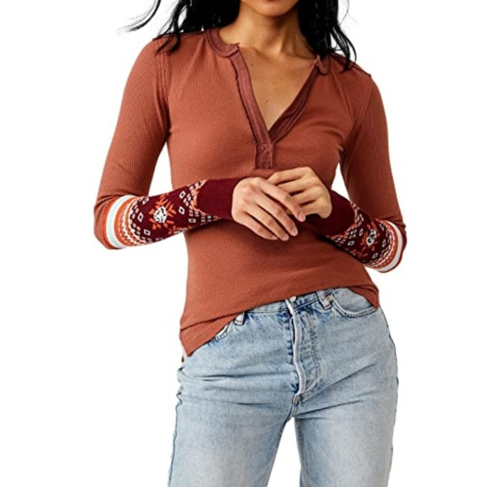 Free People Mikah Layering Cuff Autumn Combo Thermal Henley Top Long Sleeve XS